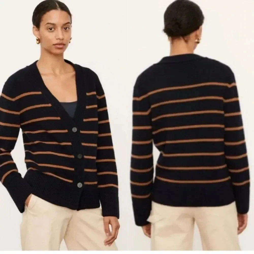 NWT Vince Wool/Cashmere Breton Stripe V-Neck Cardigan size Large